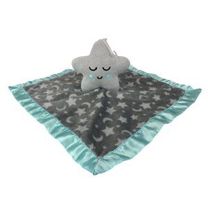 Parents Choice Star Moon Grey Aqua Blue Satin Plush Baby Security Blanket Lovey